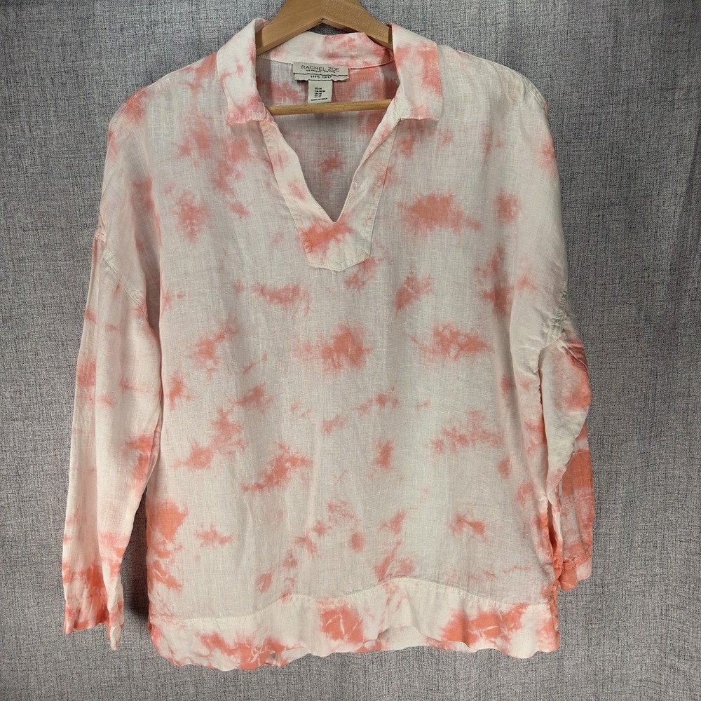 Rachael Zoe Linen Shirt Womens Med‎ Beach White Peach Dye LS Pullover Coastal